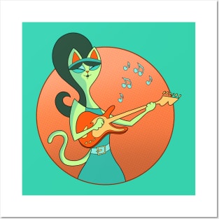 Roxy Kitty Retro Cat Playing Guitar Posters and Art